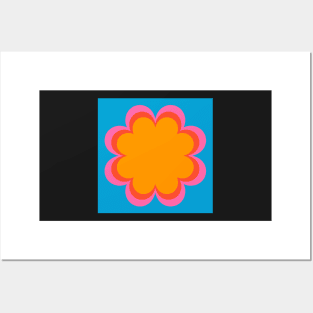 Blue, pink, orange, yellow seventies style scandi flower Posters and Art